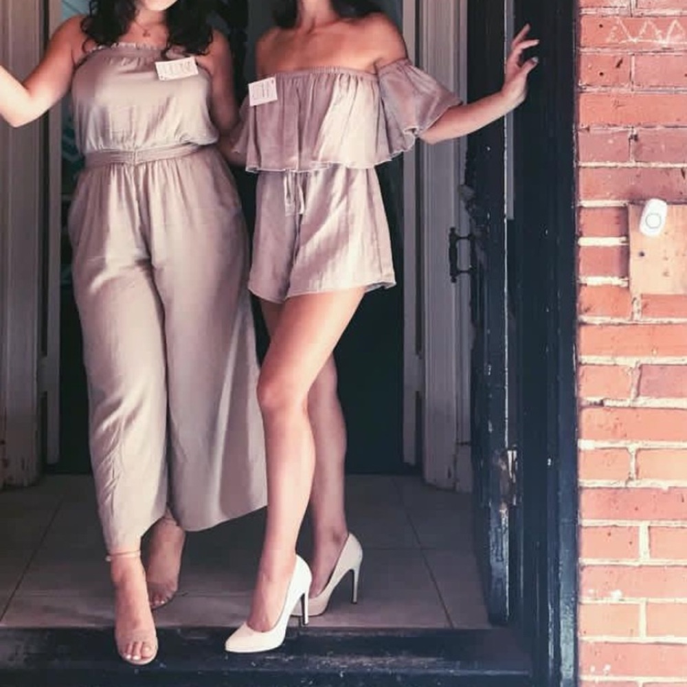 Showpo Off-Shoulder Cream Jumpsuit and Romper Set